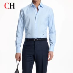 CH Men Solid Color Long Sleeve Dress Shirt Turn Down Collar Button Up Business Formal Shirts Mini Logo Office Daily Tops