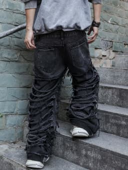 Men's Black Jeans. With a Design of (Ripped Holes) and Tassels. In a Street Trend Style.