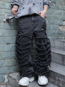 Men's Black Jeans. With a Design of (Ripped Holes) and Tassels. In a Street Trend Style.