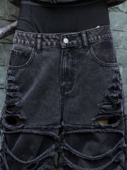 Men's Black Jeans. With a Design of (Ripped Holes) and Tassels. In a Street Trend Style.