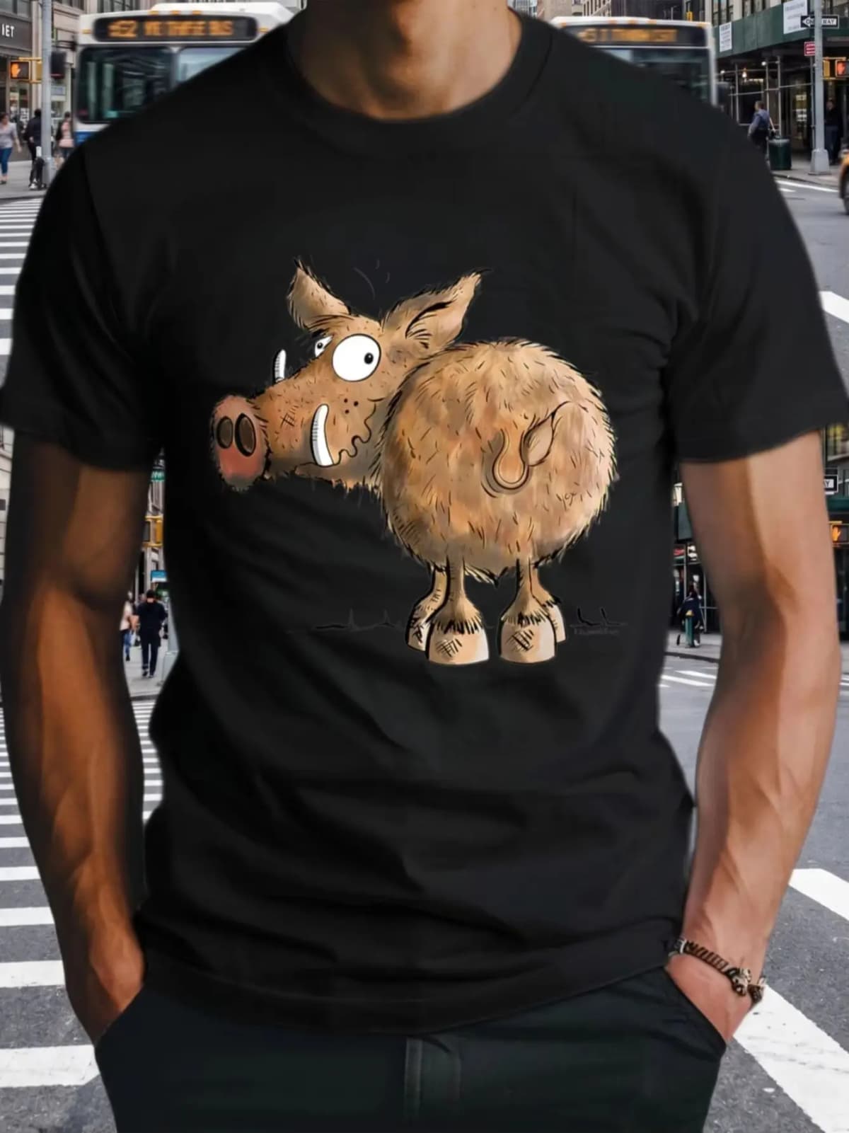 1pcs 100% Cotton Funny Cartoon Wild Boar Design O-neck Short Sleeves T-shirt Print Plus Size Comfortable Casual Wear, Machine Washable