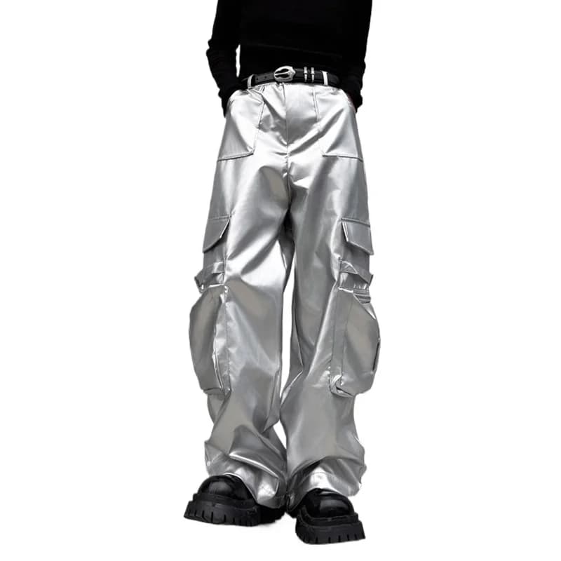 Silver Leather Pant Men Streetwear Fashion Hip Hop Loose Casual Leather Cargo Pants Trousers Stage Clothes Performance Costume