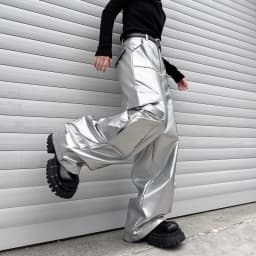 Silver Leather Pant Men Streetwear Fashion Hip Hop Loose Casual Leather Cargo Pants Trousers Stage Clothes Performance Costume