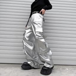 Silver Leather Pant Men Streetwear Fashion Hip Hop Loose Casual Leather Cargo Pants Trousers Stage Clothes Performance Costume