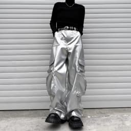 Silver Leather Pant Men Streetwear Fashion Hip Hop Loose Casual Leather Cargo Pants Trousers Stage Clothes Performance Costume