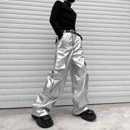 Silver Leather Pant Men Streetwear Fashion Hip Hop Loose Casual Leather Cargo Pants Trousers Stage Clothes Performance Costume