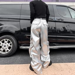 Silver Leather Pant Men Streetwear Fashion Hip Hop Loose Casual Leather Cargo Pants Trousers Stage Clothes Performance Costume