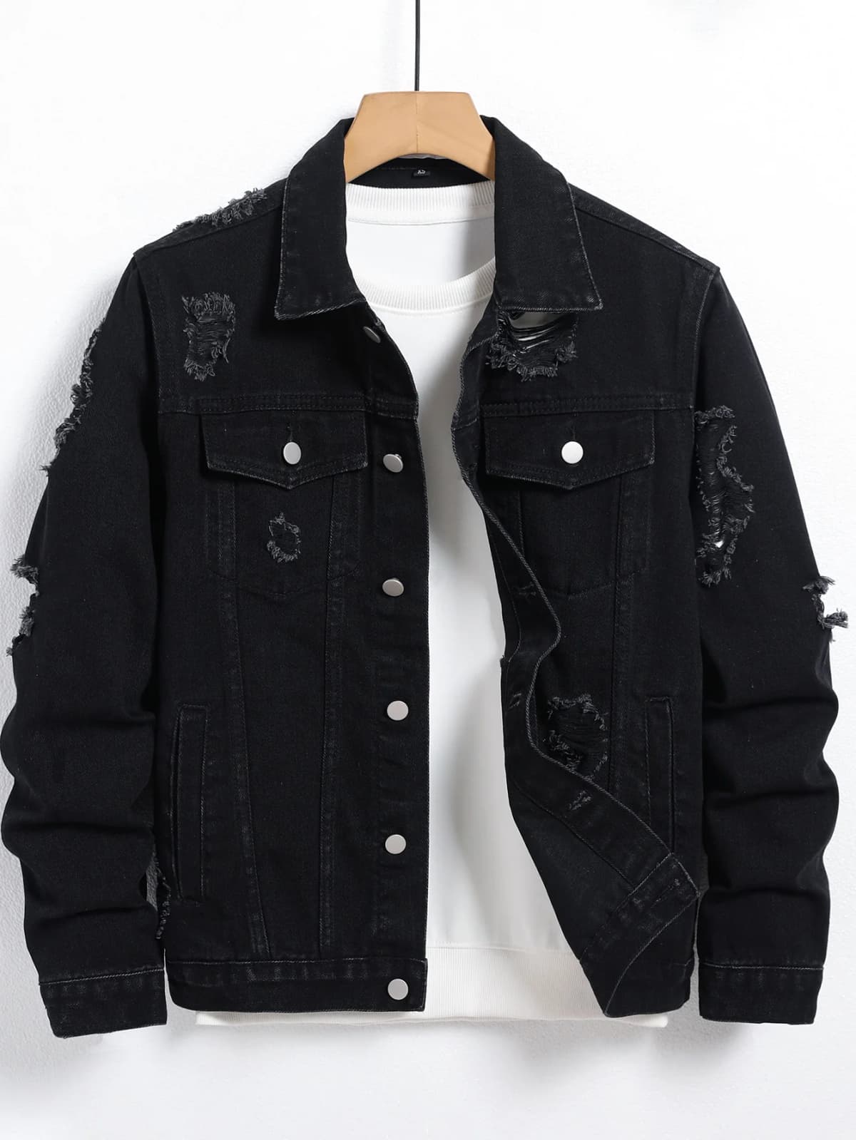Men's Denim Jacket - Black Regular Jacket, Street Fashion with Rips, Suitable for Daily Casual Outings