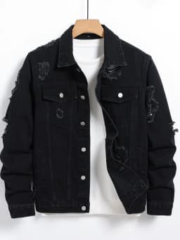 Men's Denim Jacket - Black Regular Jacket, Street Fashion with Rips, Suitable for Daily Casual Outings