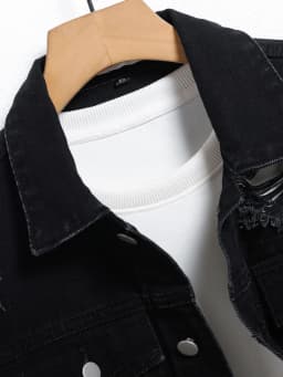 Men's Denim Jacket - Black Regular Jacket, Street Fashion with Rips, Suitable for Daily Casual Outings