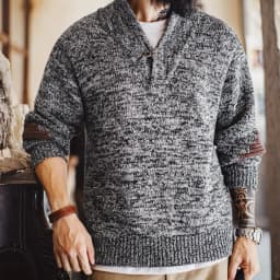 Maden Men's Vintage Shawl Collar Sweater Grey Quiet Luxury Knit Pullover Warm Base Layer for Autumn and Winter 100% Cotton Tops