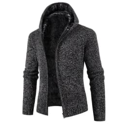 Pop New European And American Style Men's Fleece-lined Hooded Cardigan With Slim Fit And Long Sleeves Knitted Sweater For Winter