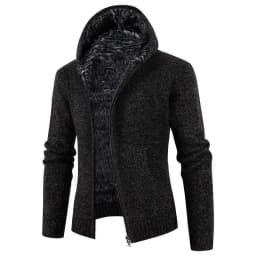 Pop New European And American Style Men's Fleece-lined Hooded Cardigan With Slim Fit And Long Sleeves Knitted Sweater For Winter