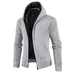 Pop New European And American Style Men's Fleece-lined Hooded Cardigan With Slim Fit And Long Sleeves Knitted Sweater For Winter