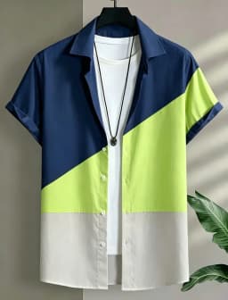 Men's geometric color blocked vacation short sleeved shirt, for casual activities, street travel, eye-catching vacation style