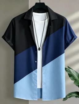 Men's geometric color blocked vacation short sleeved shirt, for casual activities, street travel, eye-catching vacation style