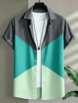 Men's geometric color blocked vacation short sleeved shirt, for casual activities, street travel, eye-catching vacation style
