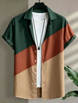 Men's geometric color blocked vacation short sleeved shirt, for casual activities, street travel, eye-catching vacation style