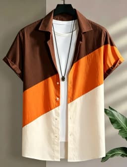Men's geometric color blocked vacation short sleeved shirt, for casual activities, street travel, eye-catching vacation style