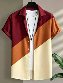 Men's geometric color blocked vacation short sleeved shirt, for casual activities, street travel, eye-catching vacation style