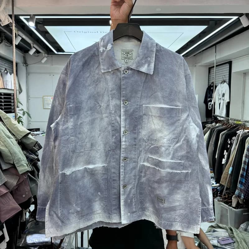 Soiled Multi Pocket Lapel Denim Jackets Embroidery Patch Label Men Women Winter Loose Casual Washed Vintage Gradient Jacket Coat