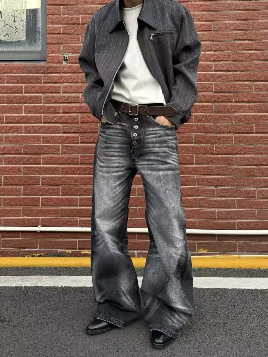 Men's Single Breasted Design Retro Black Gray Jeans Wide-leg Denim Trousers Boys Bottom High Waist Sweatpants Male Casual Pants