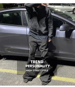 MIJKO Ribbons Slightly Stretch Baggy Flared Jeans for Men High Street Black Color Boom Cut Oversized Casual Denim Trousers