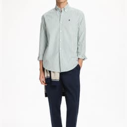 CH Letter Embroidered Stripe Long Sleeve Shirt Men Point Collar Regular Fit Minimalist Chic Soft Cotton Tops