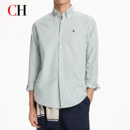 CH Letter Embroidered Stripe Long Sleeve Shirt Men Point Collar Regular Fit Minimalist Chic Soft Cotton Tops