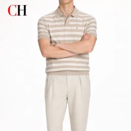 CH Men Two Tone Striped Short Sleeve Polo Shirt Distinct Tiny Brand Embroidery Left Chest Minimalist Golf Vacation Commute Wear