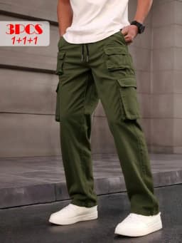 PINELF 3-Pack Men's Cargo Pants, Multiple Pockets, Perfect For Spring/Fall Wear | Drawstring Waistband | Smooth Textured