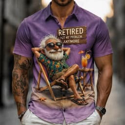 Men's Turndown Short Sleeve Cartoon Old Man 3D Print Shirt, Vintage Casual Vacation Tops Blue Violet Green Spring Summer