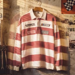 Maden Men's Rugby Shirt Striped Long Sleeve Polo Shirt Oversized Fit Knit Fabric Racing Graphic Patch Casual Workwear Top