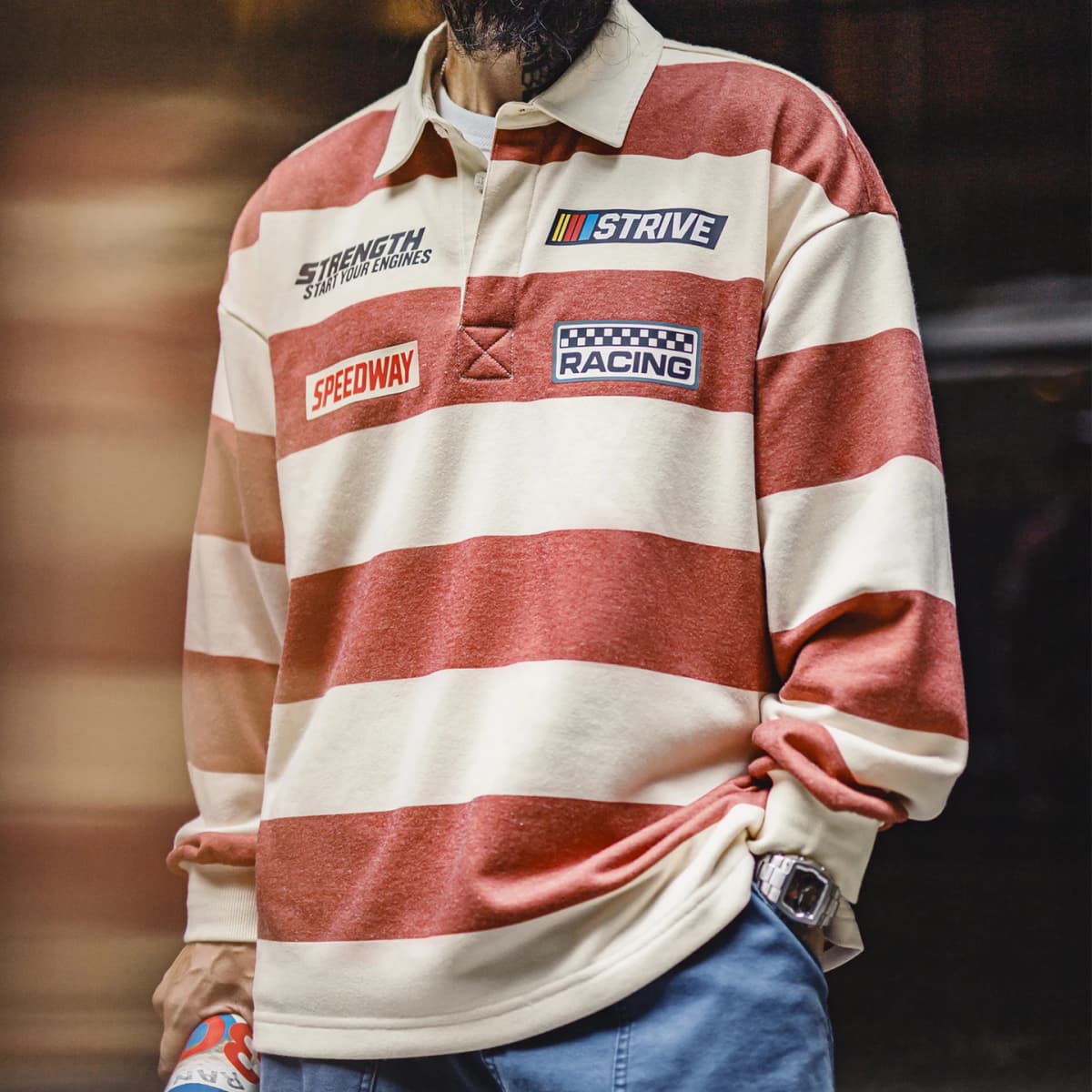 Maden Men's Rugby Shirt Striped Long Sleeve Polo Shirt Oversized Fit Knit Fabric Racing Graphic Patch Casual Workwear Top