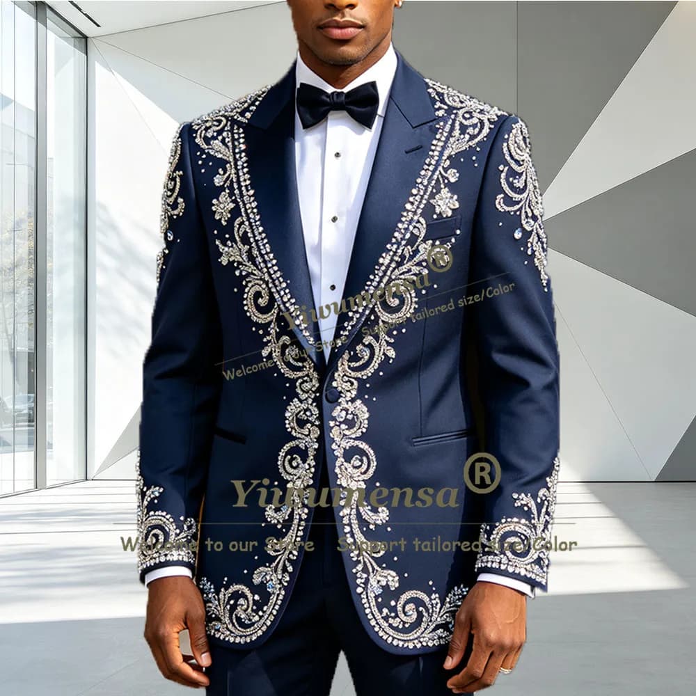 Luxury Beading Sequin Suits Men Slim Fit Navy Blue Single Breasted Jacket Pants 2 Piece Sets Groom Wear Tuxedo Suit Man Clothing