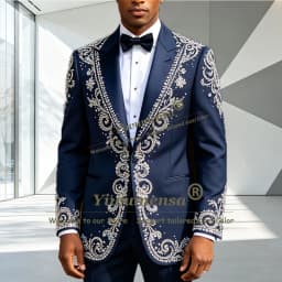 Luxury Beading Sequin Suits Men Slim Fit Navy Blue Single Breasted Jacket Pants 2 Piece Sets Groom Wear Tuxedo Suit Man Clothing