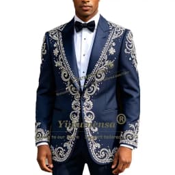 Luxury Beading Sequin Suits Men Slim Fit Navy Blue Single Breasted Jacket Pants 2 Piece Sets Groom Wear Tuxedo Suit Man Clothing