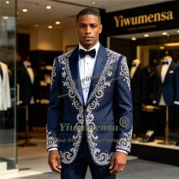 Luxury Beading Sequin Suits Men Slim Fit Navy Blue Single Breasted Jacket Pants 2 Piece Sets Groom Wear Tuxedo Suit Man Clothing