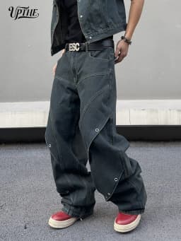 UP.THE Men Dark Raw Denim Baggy Wide Leg Jeans, Y2K Oversized Loose Curved Spliced Eyelet Denim Pants, Industrial Streetwear Trousers for Daily Outfits