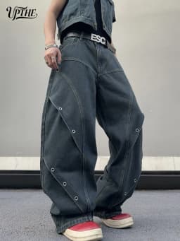 UP.THE Men Dark Raw Denim Baggy Wide Leg Jeans, Y2K Oversized Loose Curved Spliced Eyelet Denim Pants, Industrial Streetwear Trousers for Daily Outfits