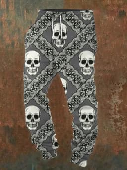 Men's casual jogging pants with drawstrings and Halloween skull prints, suitable for outdoor wear, autumn and winter fashion