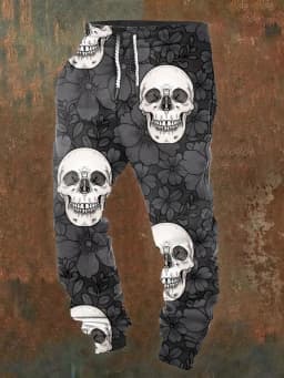 Men's casual jogging pants with drawstrings and Halloween skull prints, suitable for outdoor wear, autumn and winter fashion