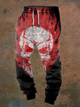 Men's casual jogging pants with drawstrings and Halloween skull prints, suitable for outdoor wear, autumn and winter fashion