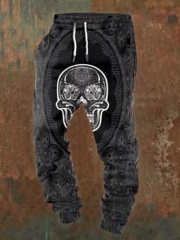 Men's casual jogging pants with drawstrings and Halloween skull prints, suitable for outdoor wear, autumn and winter fashion