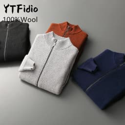 YTFidio 100% Wool Men Sweater Half High Collar Zipper Sweater with pocket Thickened Warm Loose Solid Cardigan Knitwear Basic 193