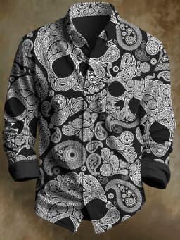 Men's 3D Halloween skull print long-sleeved shirt. Spring and autumn polyester fabric casual everyday wear. Lapel casual shirt.