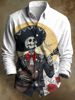 Men's 3D Halloween skull print long-sleeved shirt. Spring and autumn polyester fabric casual everyday wear. Lapel casual shirt.