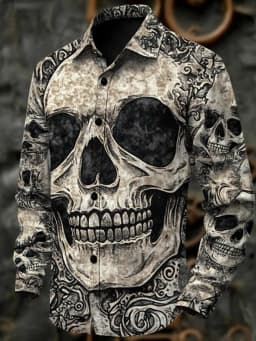 Men's 3D Halloween skull print long-sleeved shirt. Spring and autumn polyester fabric casual everyday wear. Lapel casual shirt.