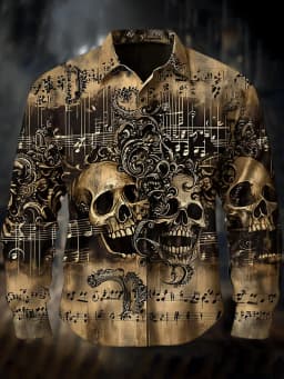 Men's 3D Halloween skull print long-sleeved shirt. Spring and autumn polyester fabric casual everyday wear. Lapel casual shirt.