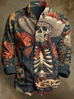 Men's 3D Halloween skull print long-sleeved shirt. Spring and autumn polyester fabric casual everyday wear. Lapel casual shirt.